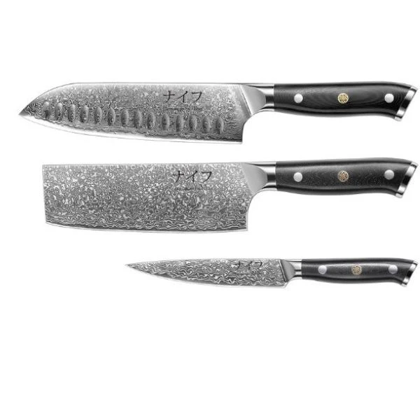 Damascus by Hâws Santoku-, Gemüse- & Allzweckmesser-Set 30-DSVUG by Damascus by Hâws color Silver/brun