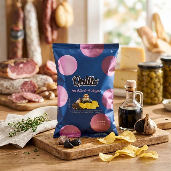 Chips mit Essig und schwarzem Knoblauch Quillo 45g 1990 by Deli Drengene color Svart