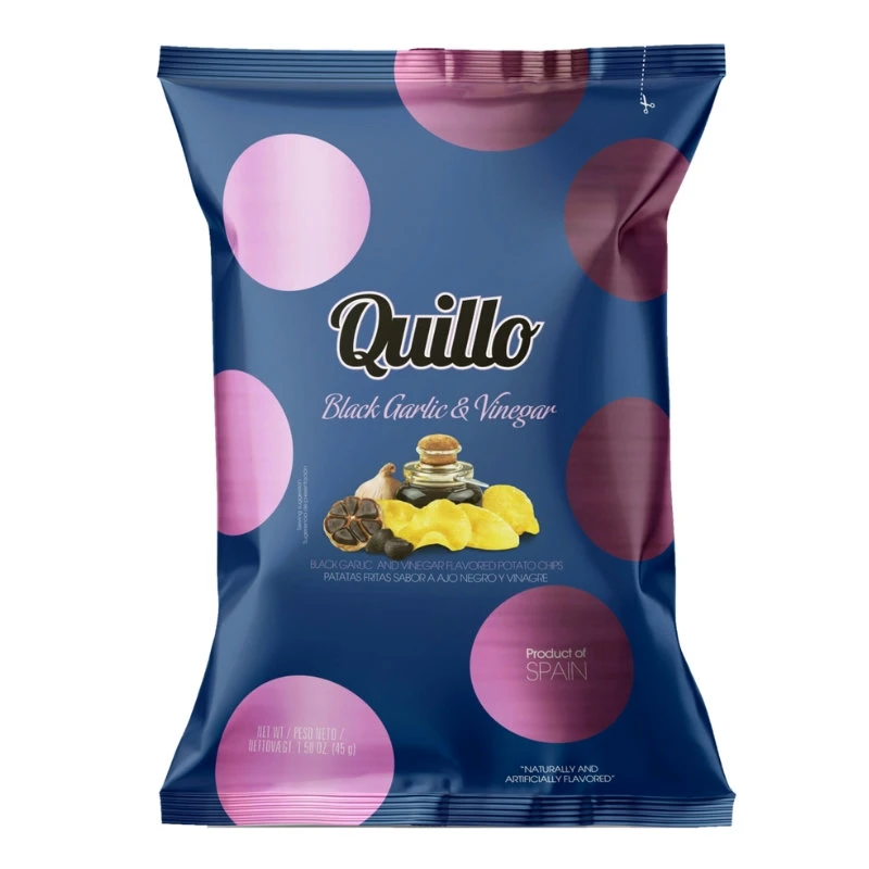 Chips mit Essig und schwarzem Knoblauch Quillo 45g 1990 by Deli Drengene color Svart