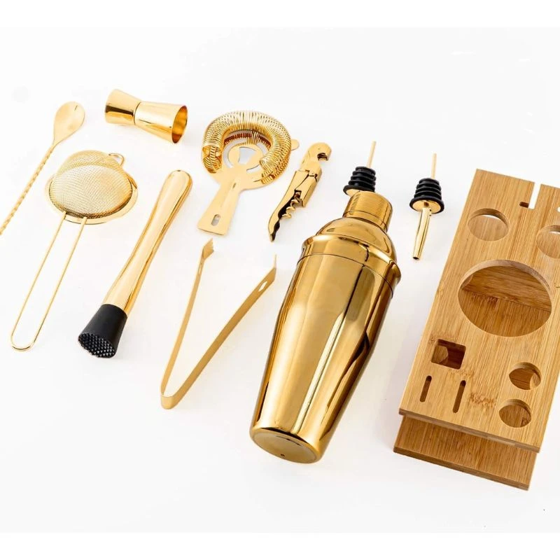 Bar-Set Deluxe Gold 11-teilig mit Holzständer CG-TJ17gold by Barlife color Svart
