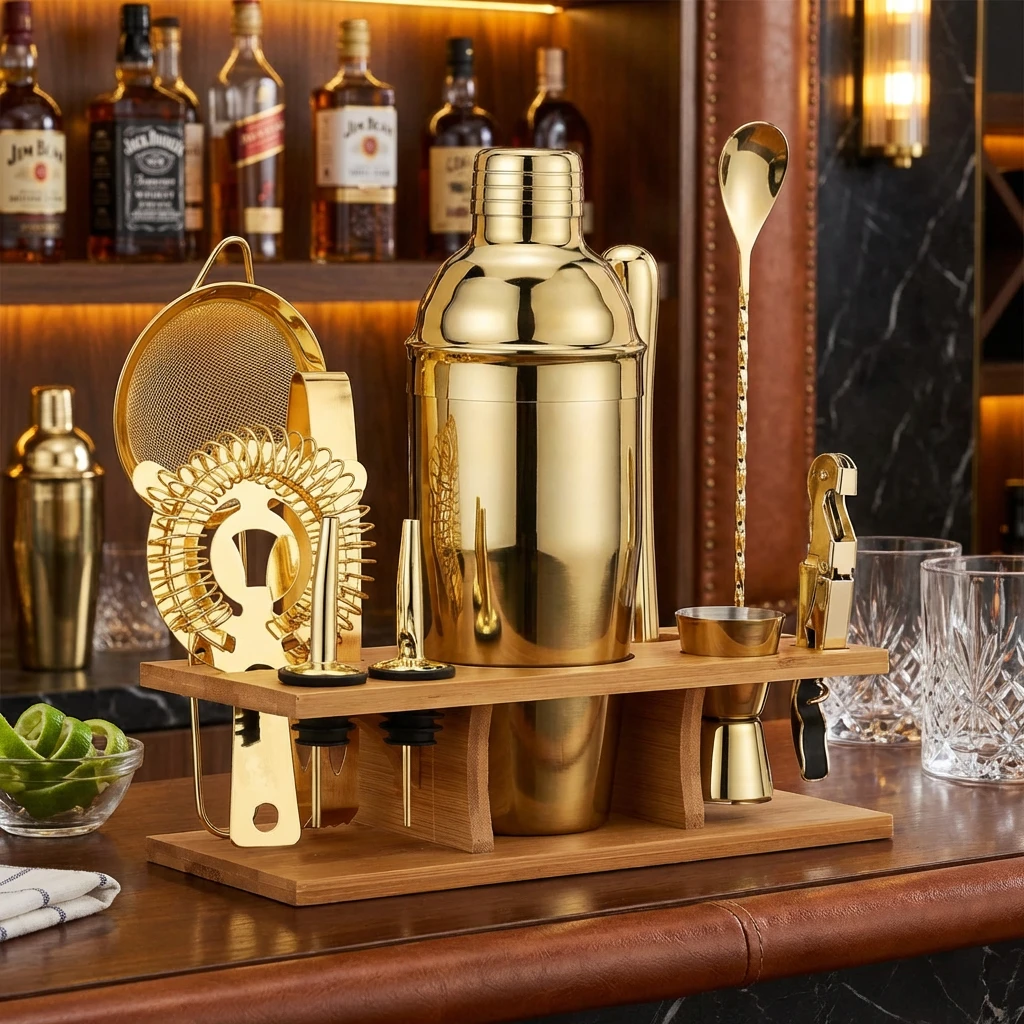 Bar-Set Deluxe Gold 11-teilig mit Holzständer CG-TJ17gold by Barlife color Svart