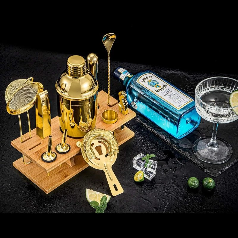 Bar-Set Deluxe Gold 11-teilig mit Holzständer CG-TJ17gold by Barlife color Svart