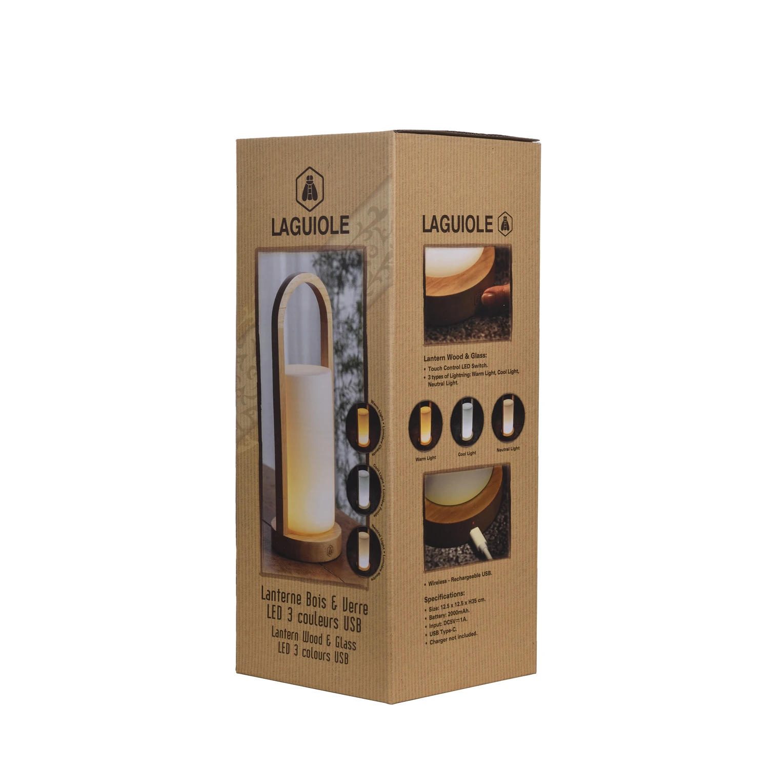 Laguiole LED-Laterne aus Holz und Glas USB 3 Lichtfarben 40269400 by Laguiole color Svart