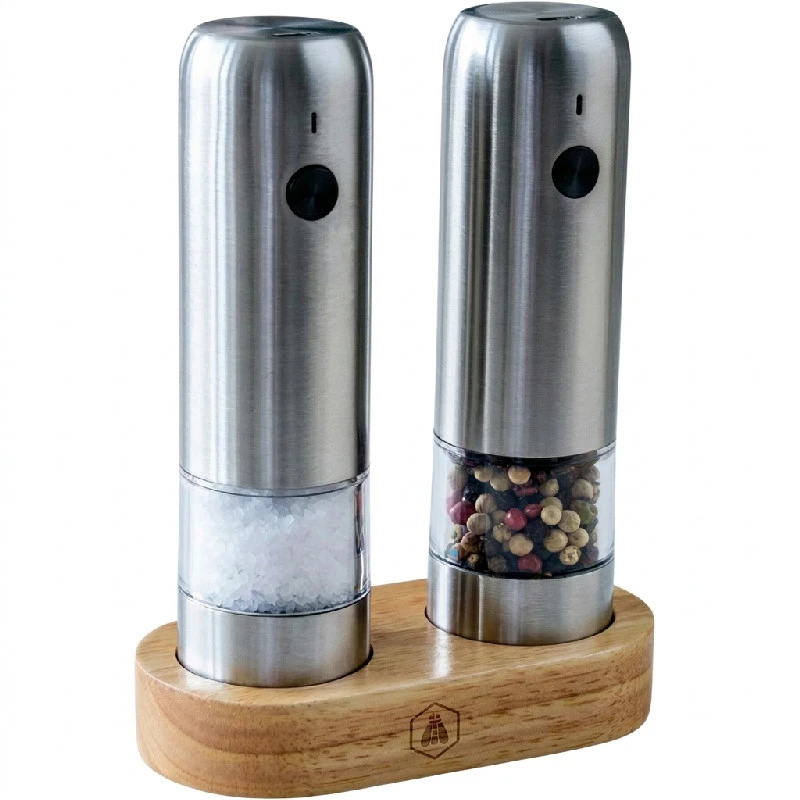 Laguiole elektrisches Salz- und Pfeffermühlenset mit Holzständer 40269112 by Laguiole color Silver
