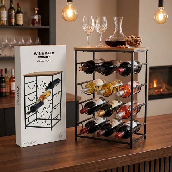 Weinregal Metall und Akazie 40x26x60cm HZ1240380  color Svart