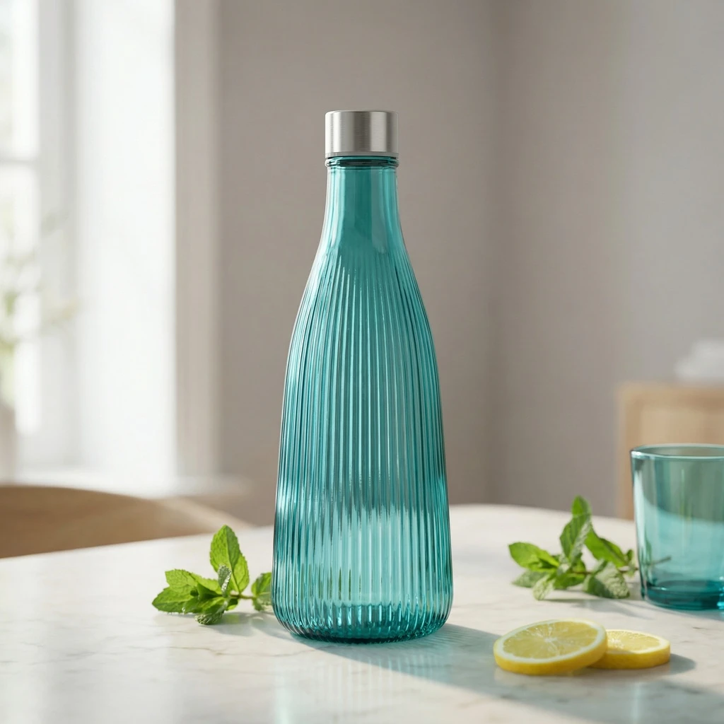 Wasserflasche mit Deckel Glas 1L Türkis H28cm 5415002  color Svart