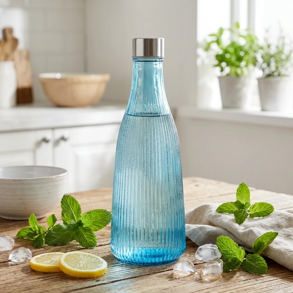 Wasserflasche mit Deckel Glas 1L Blau H28cm 5415003 by COSY & TRENDY color Svart