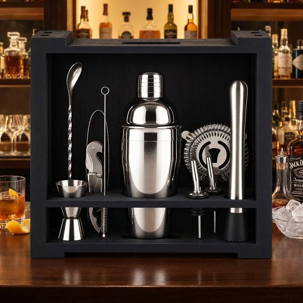 Cocktail-Set 11-teilig – Edelstahl in schwarzer Holz-Geschenkbox CG-TJ26B  color Svart