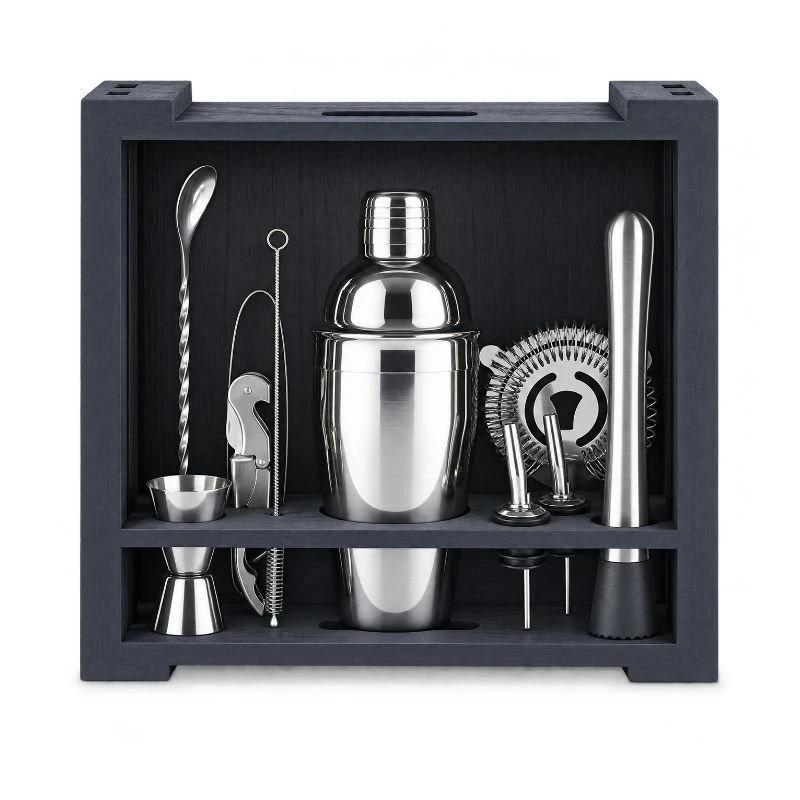 Cocktail-Set 11-teilig – Edelstahl in schwarzer Holz-Geschenkbox CG-TJ26B  color Svart