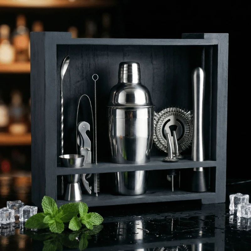 Cocktail-Set 11-teilig – Edelstahl in schwarzer Holz-Geschenkbox CG-TJ26B  color Svart