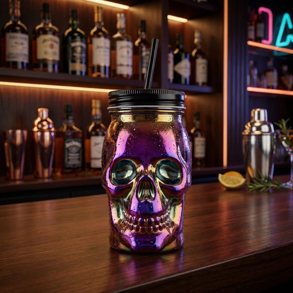 Totenkopf Glas mit Trinkhalm Lila 9x9x15 cm 45cl 3774019 by COSY & TRENDY color Svart