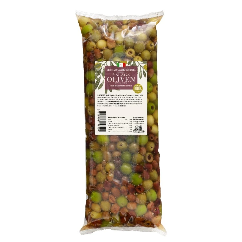 Leccino, Nocellara, Cerignola ohne Stein 1700g Abtropfgewicht 1000g 2123 by Deli Drengene color Svart
