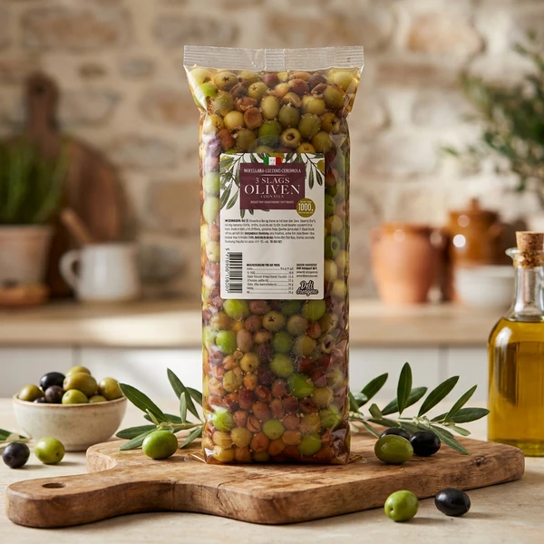 Leccino, Nocellara, Cerignola ohne Stein 1700g Abtropfgewicht 1000g 2123 by Deli Drengene color Svart