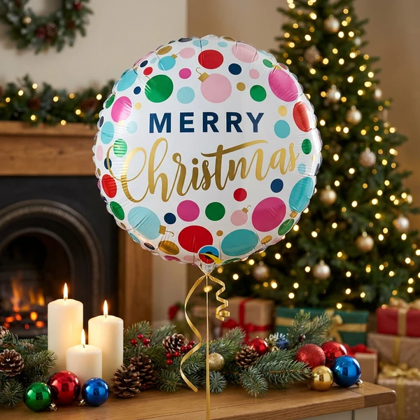 Folienballon 45 cm QL RND „Glædelig Jul“ (bunte Punkte und Dekorationen) 23318 by Godan color Svart