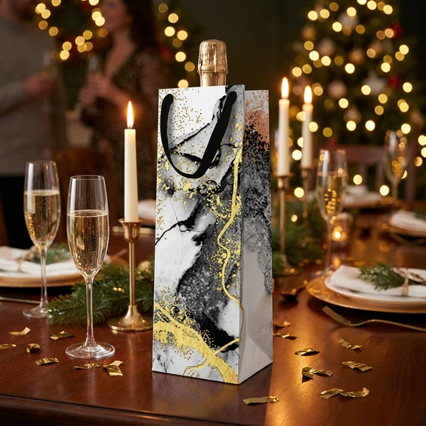 Wein-Geschenktüte PAW Marmor 12x10x37 cm AGB1022904 by Godan color Svart