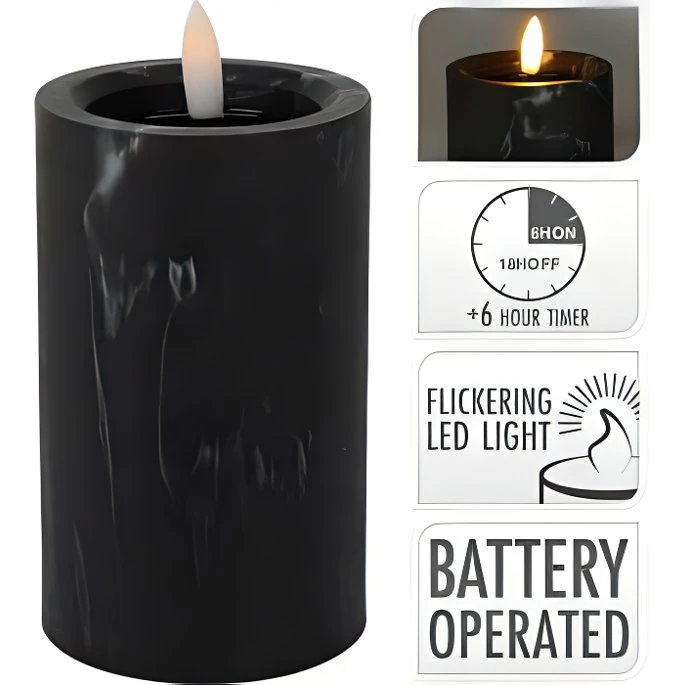 LED-Stumpenkerze schwarzer Marmor 3D-Flamme Ø: 7,5 x 12,5 cm 3005134  color Svart