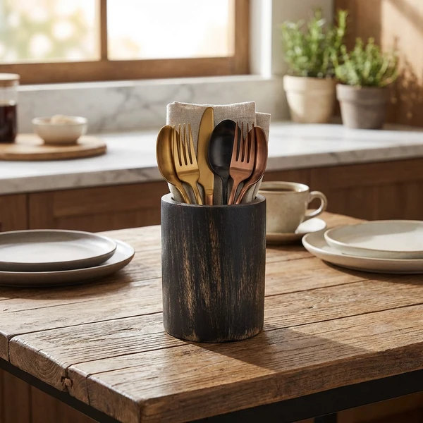 Besteckhalter aus Akazienholz, Schwarz gewaschen 10 x 13 cm WCC10BK by Genware color Svart